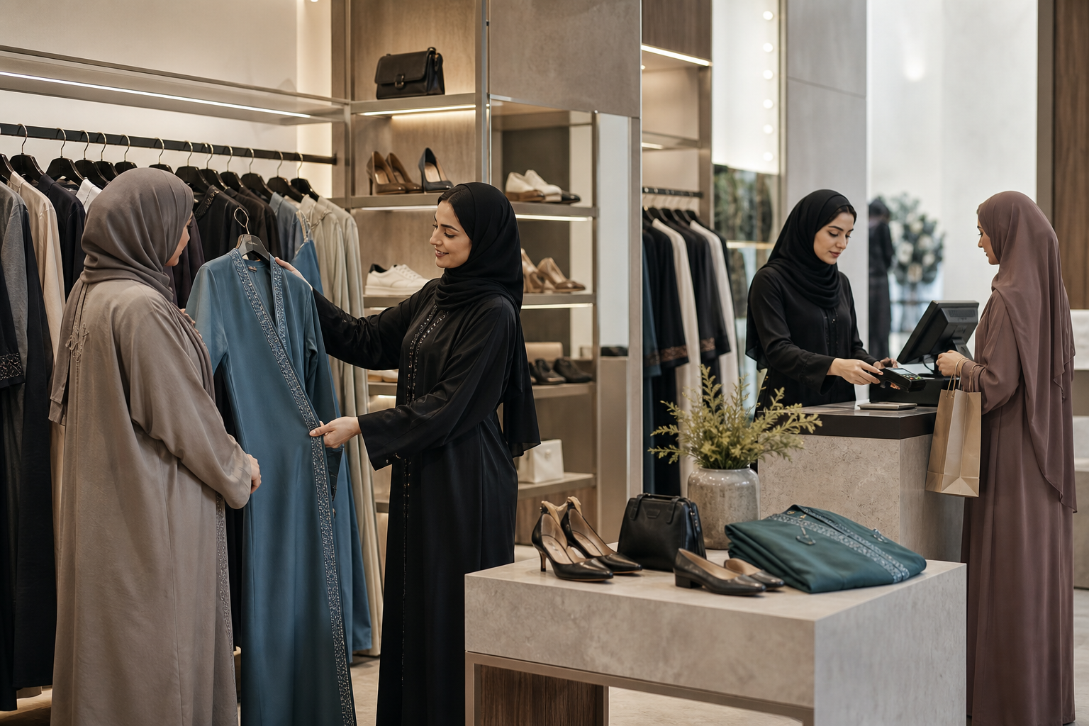 متجر أزياء سعودي معاصر يعرض عبايات وملابس وأحذية بترتيب أنيق