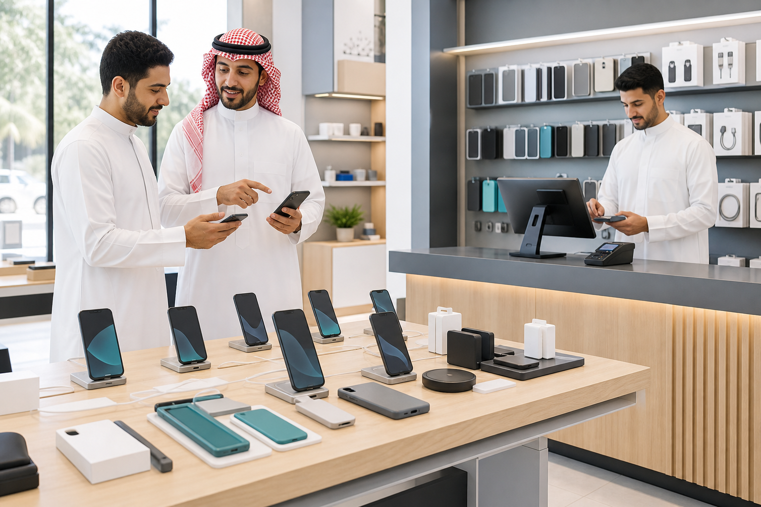 متجر جوالات وإكسسوارات سعودي حديث بأجهزة غير معنونة ومنطقة بيع مرتبة