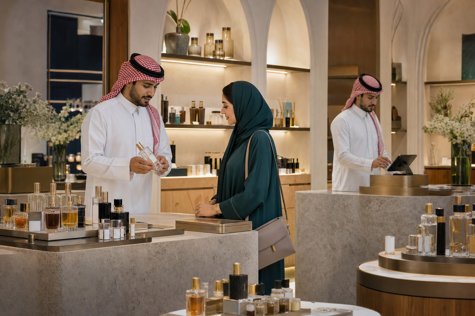 بوتيك عطور وتجميل سعودي راق بمنتجات غير معنونة ورفوف منظمة