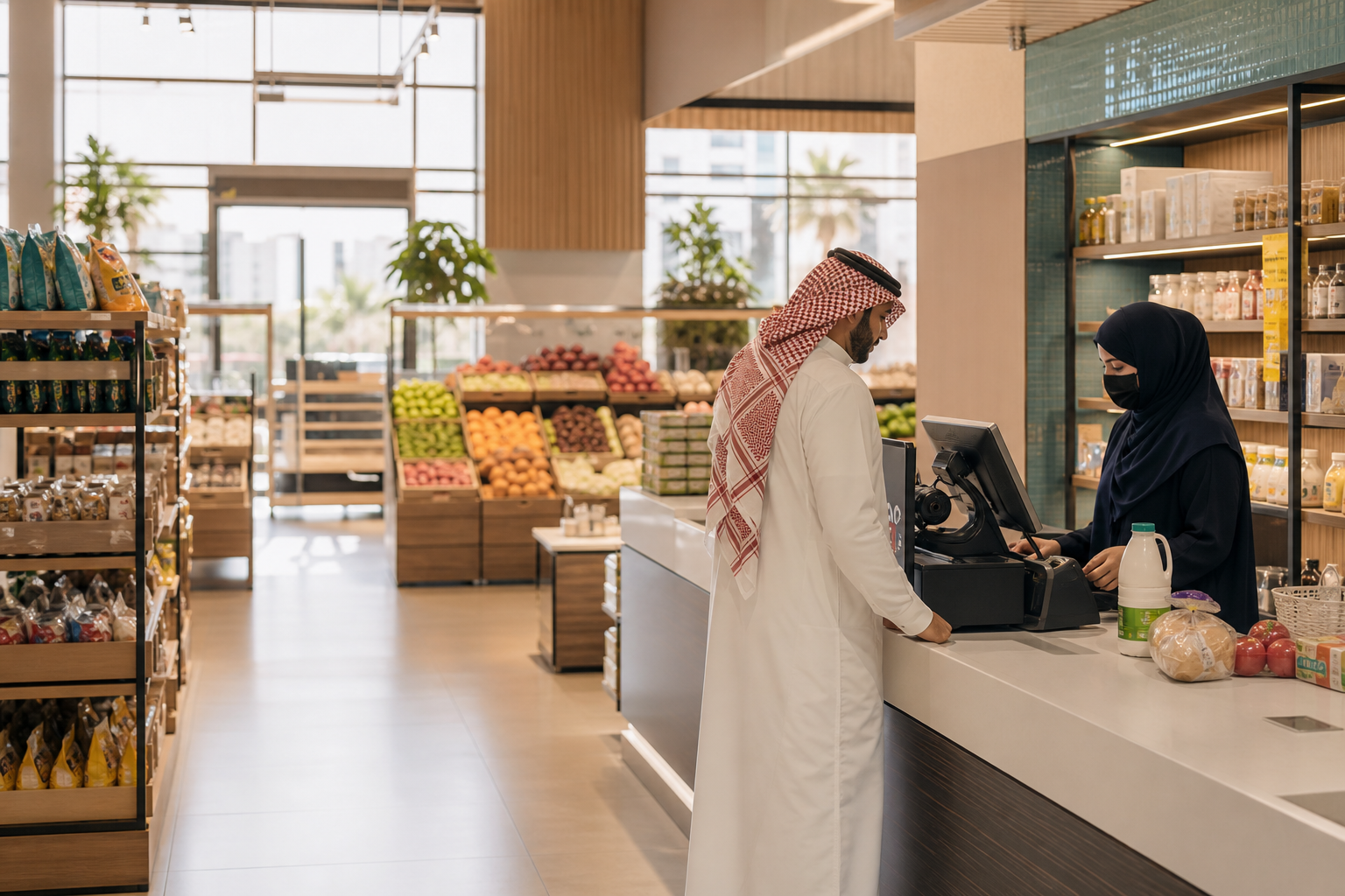 ممر سوبرماركت سعودي حديث مع رفوف مرتبة ومنطقة بيع واضحة